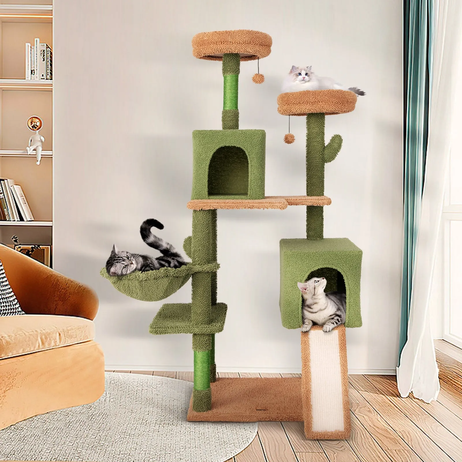 160 cm Multi-level Cactus Cat Tree for Indoor Cats with Scratching Posts-Green