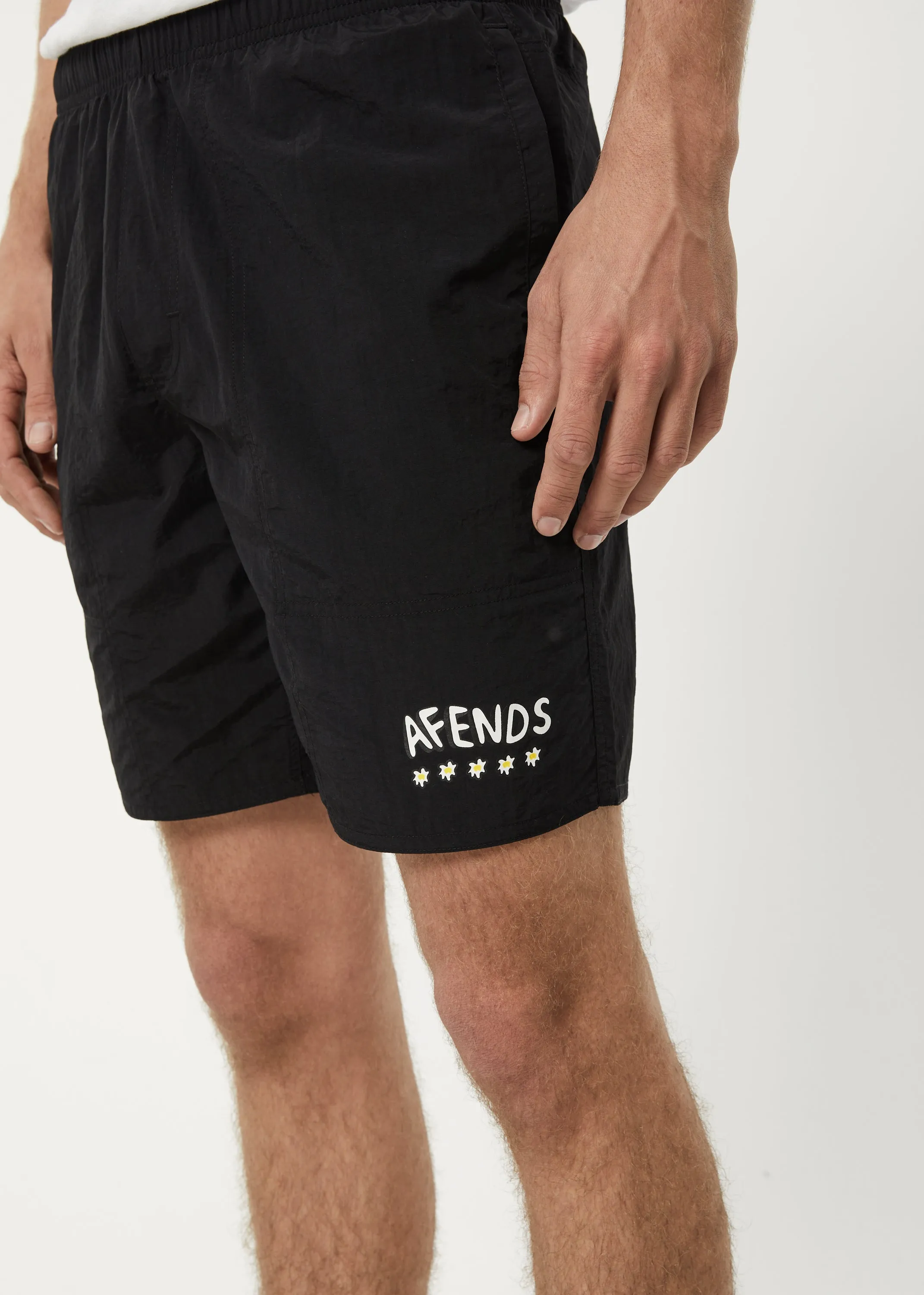 AFENDS Mens Baywatch Flowers - Elastic Waist Shorts - Black