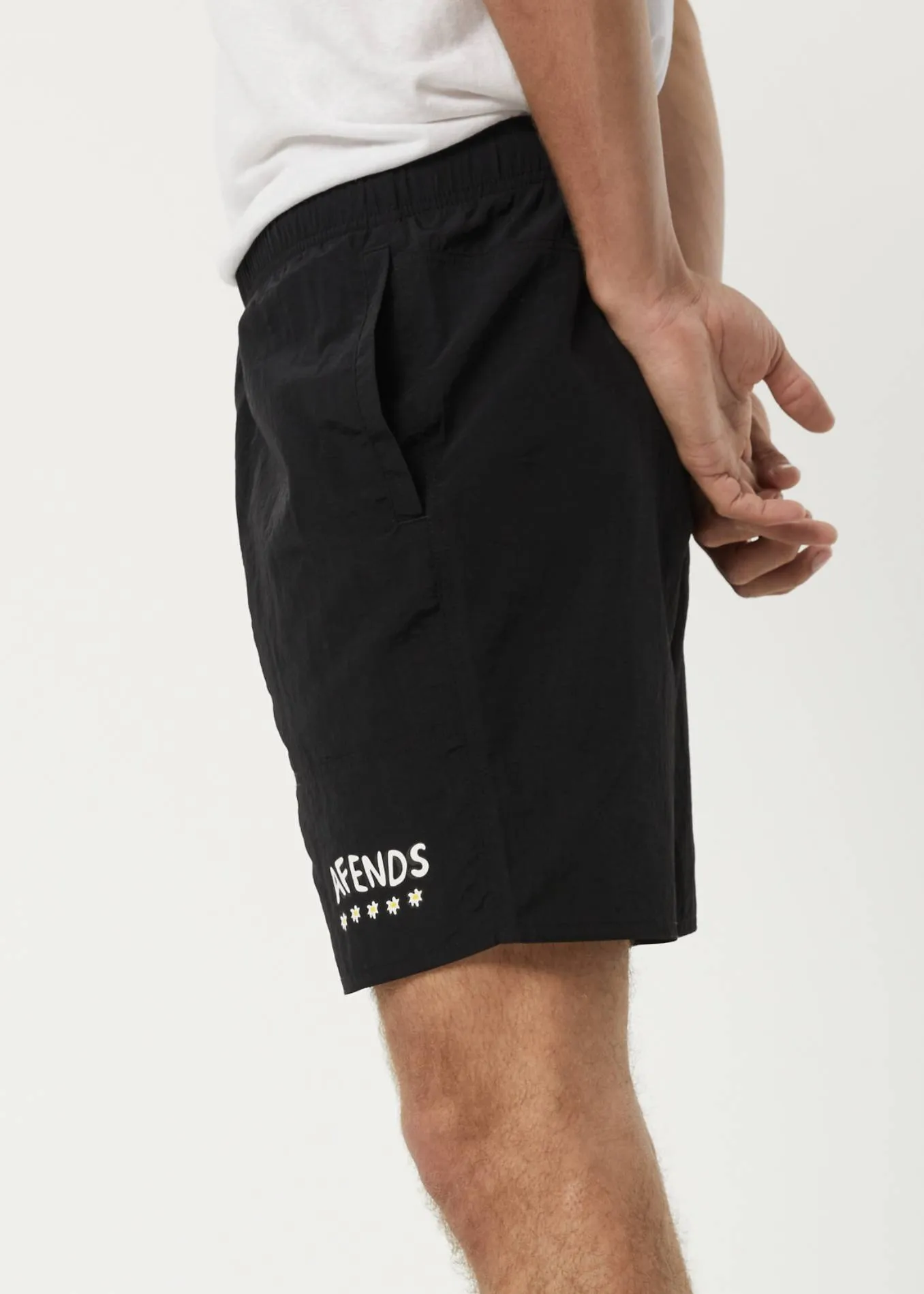 AFENDS Mens Baywatch Flowers - Elastic Waist Shorts - Black