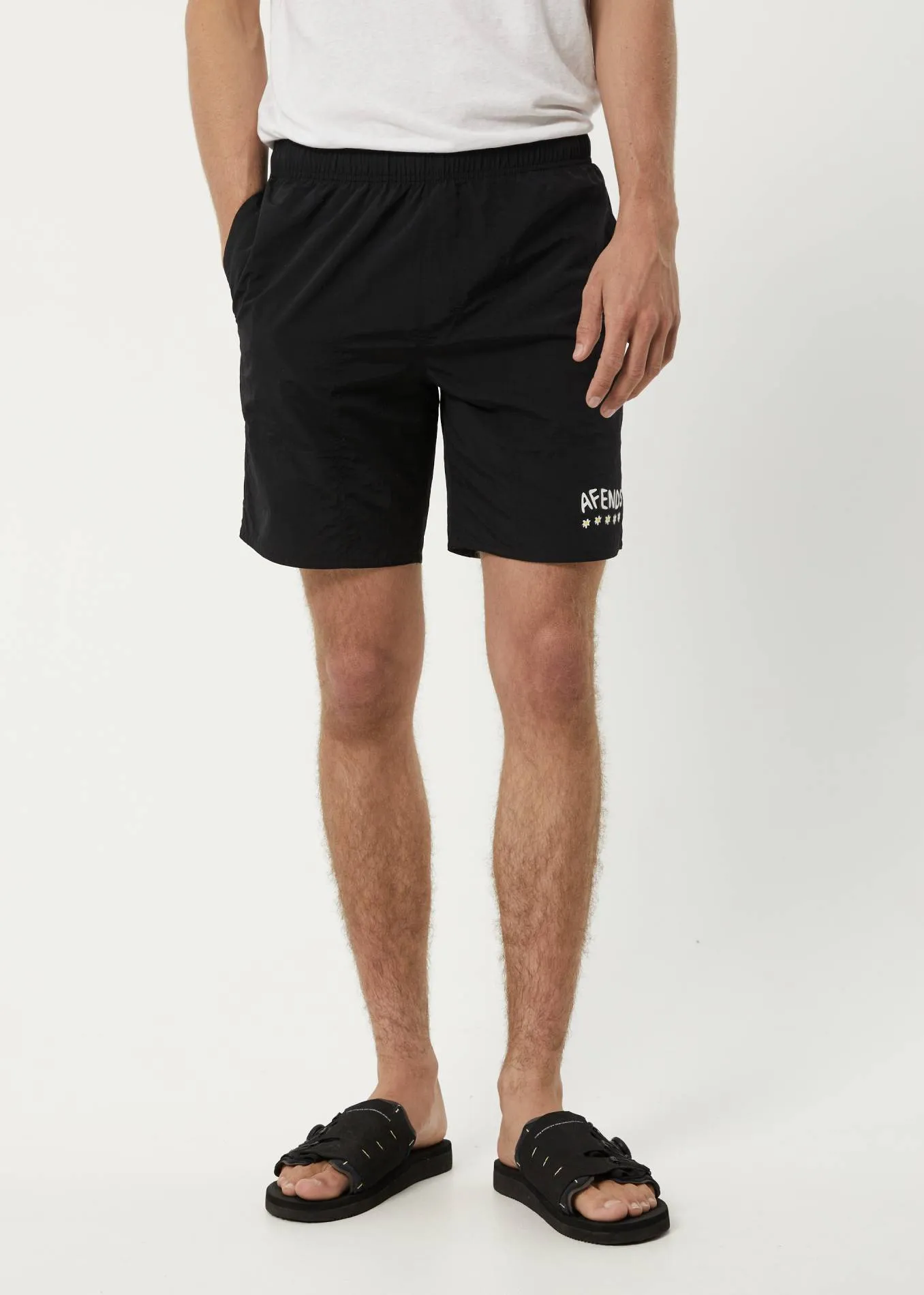 AFENDS Mens Baywatch Flowers - Elastic Waist Shorts - Black