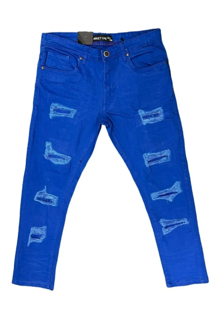 Arketype Royal Blue Men's Ripped Slim-Fit Jeans Stretch Material