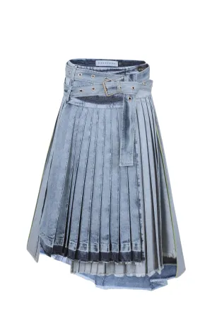 Asymmetric Washed Denim Pleats Skirt