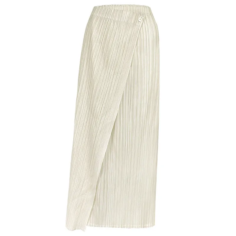 Asymmetrical Button Down Solid Pleated Long Skirt