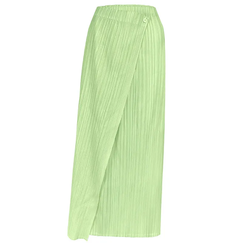 Asymmetrical Button Down Solid Pleated Long Skirt