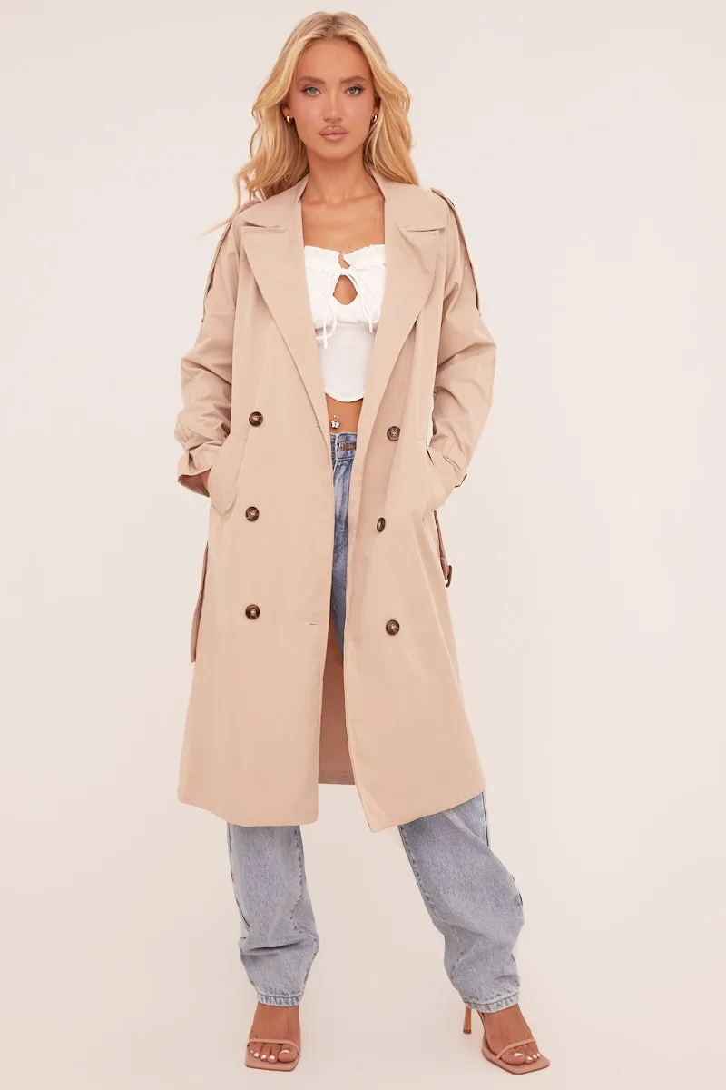 Beige Longline Belt Detail Button Front Trench Coat - Melony