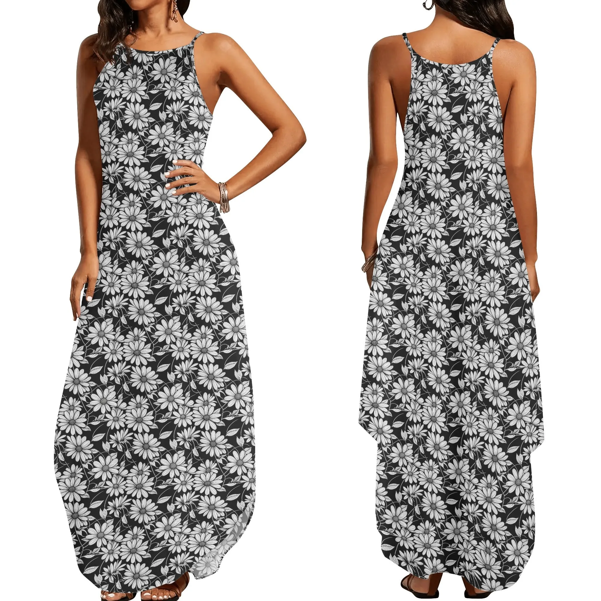 Black and White Daisy Womens Elegant Sleeveless Evening Dress