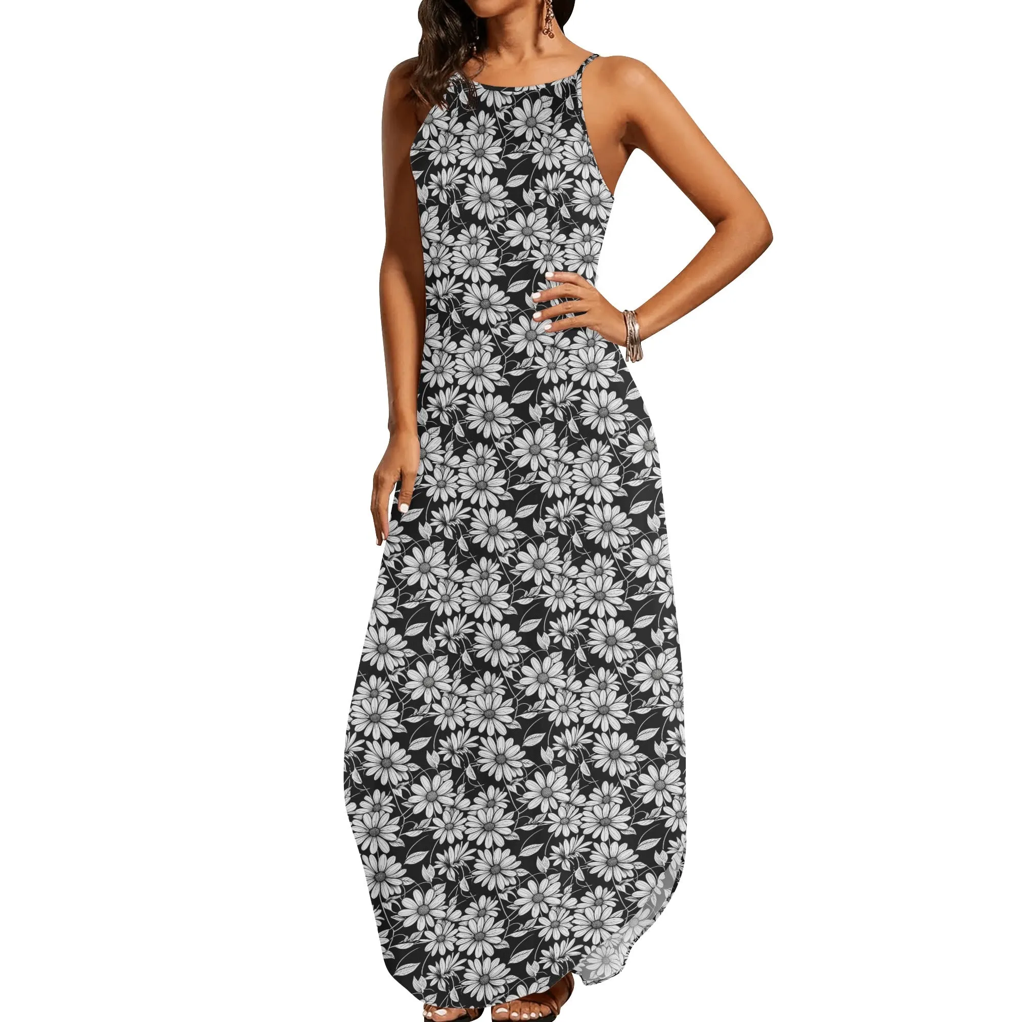 Black and White Daisy Womens Elegant Sleeveless Evening Dress