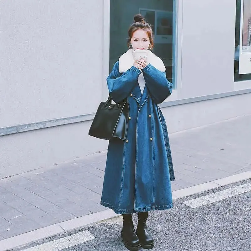 Blue Long Rabbit Fur Collar Parka Denim Cotton Jacket