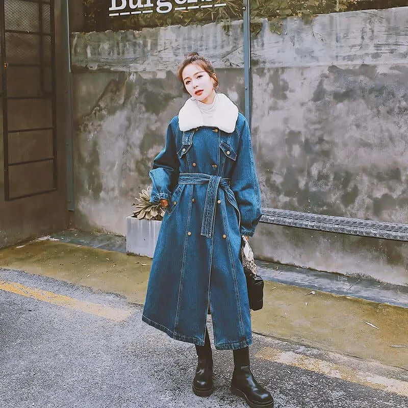 Blue Long Rabbit Fur Collar Parka Denim Cotton Jacket