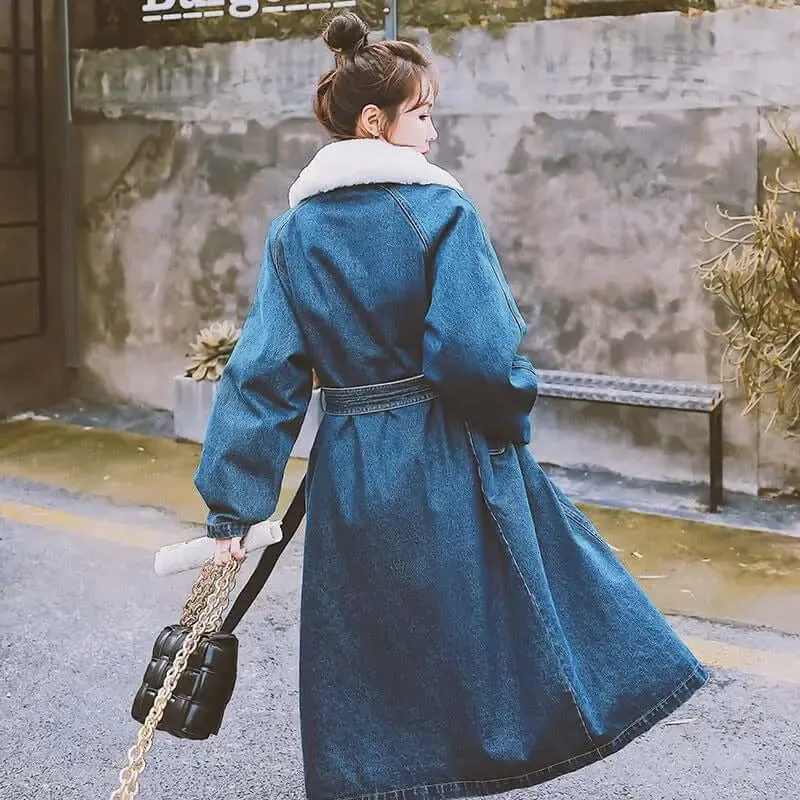 Blue Long Rabbit Fur Collar Parka Denim Cotton Jacket