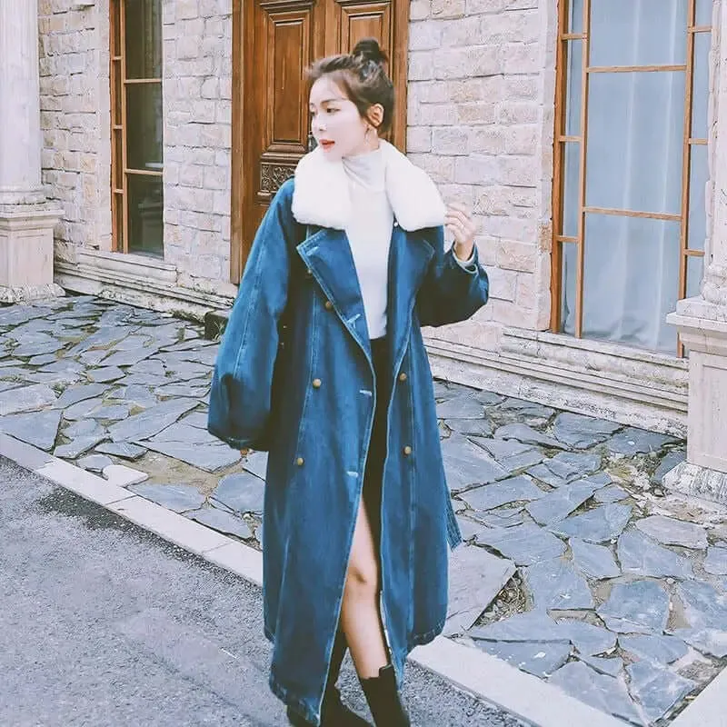 Blue Long Rabbit Fur Collar Parka Denim Cotton Jacket