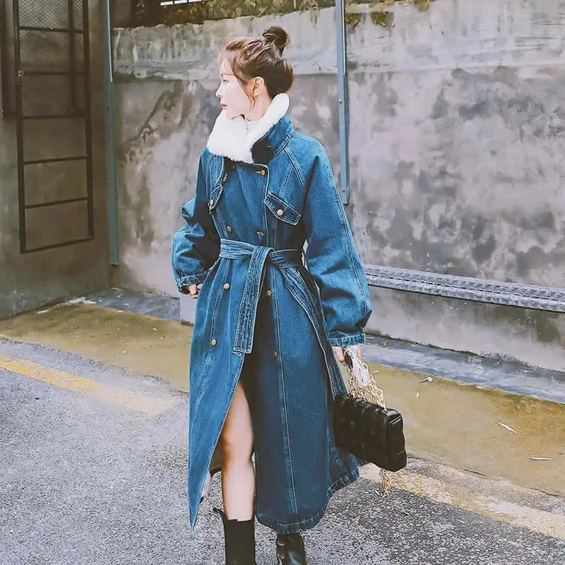 Blue Long Rabbit Fur Collar Parka Denim Cotton Jacket