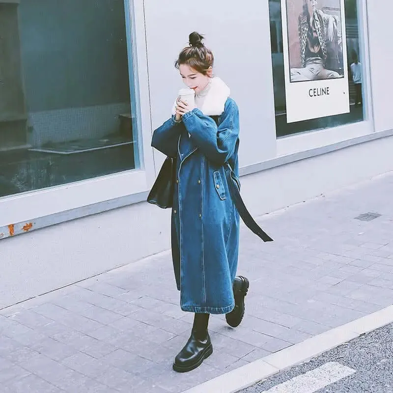 Blue Long Rabbit Fur Collar Parka Denim Cotton Jacket