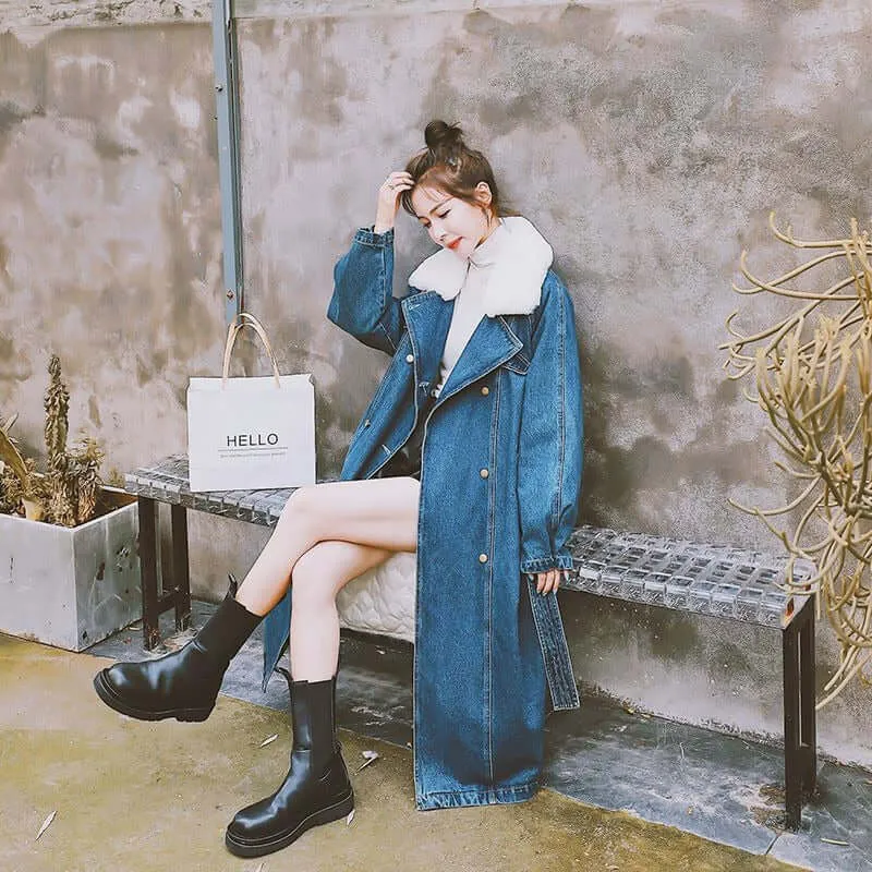 Blue Long Rabbit Fur Collar Parka Denim Cotton Jacket