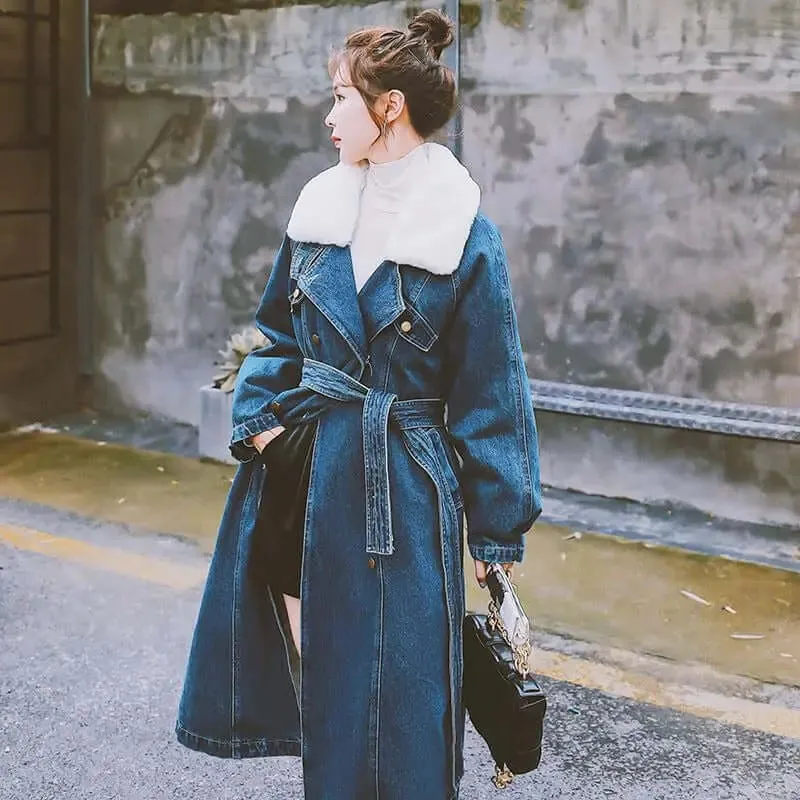 Blue Long Rabbit Fur Collar Parka Denim Cotton Jacket