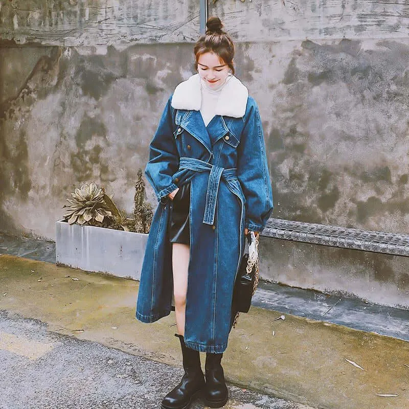 Blue Long Rabbit Fur Collar Parka Denim Cotton Jacket