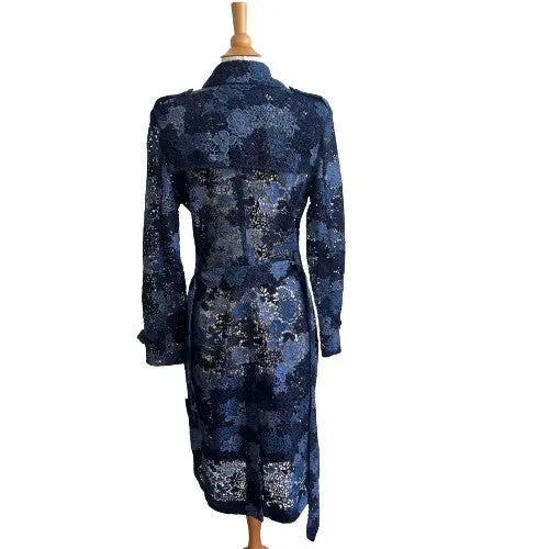 BURBERRY Blue Floral Lace Double-Breasted Trench Coat | Size US 6