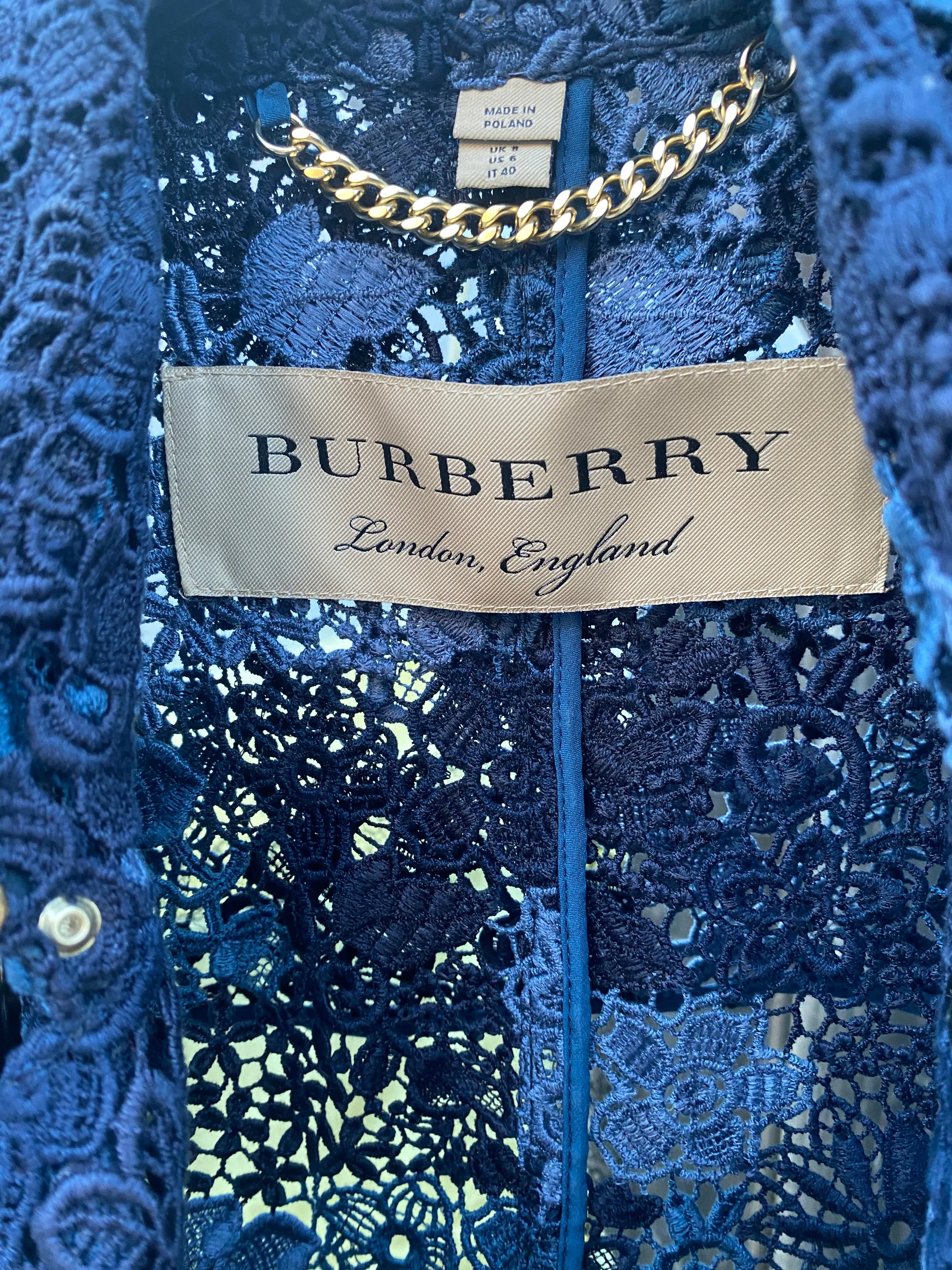 BURBERRY Blue Floral Lace Double-Breasted Trench Coat | Size US 6