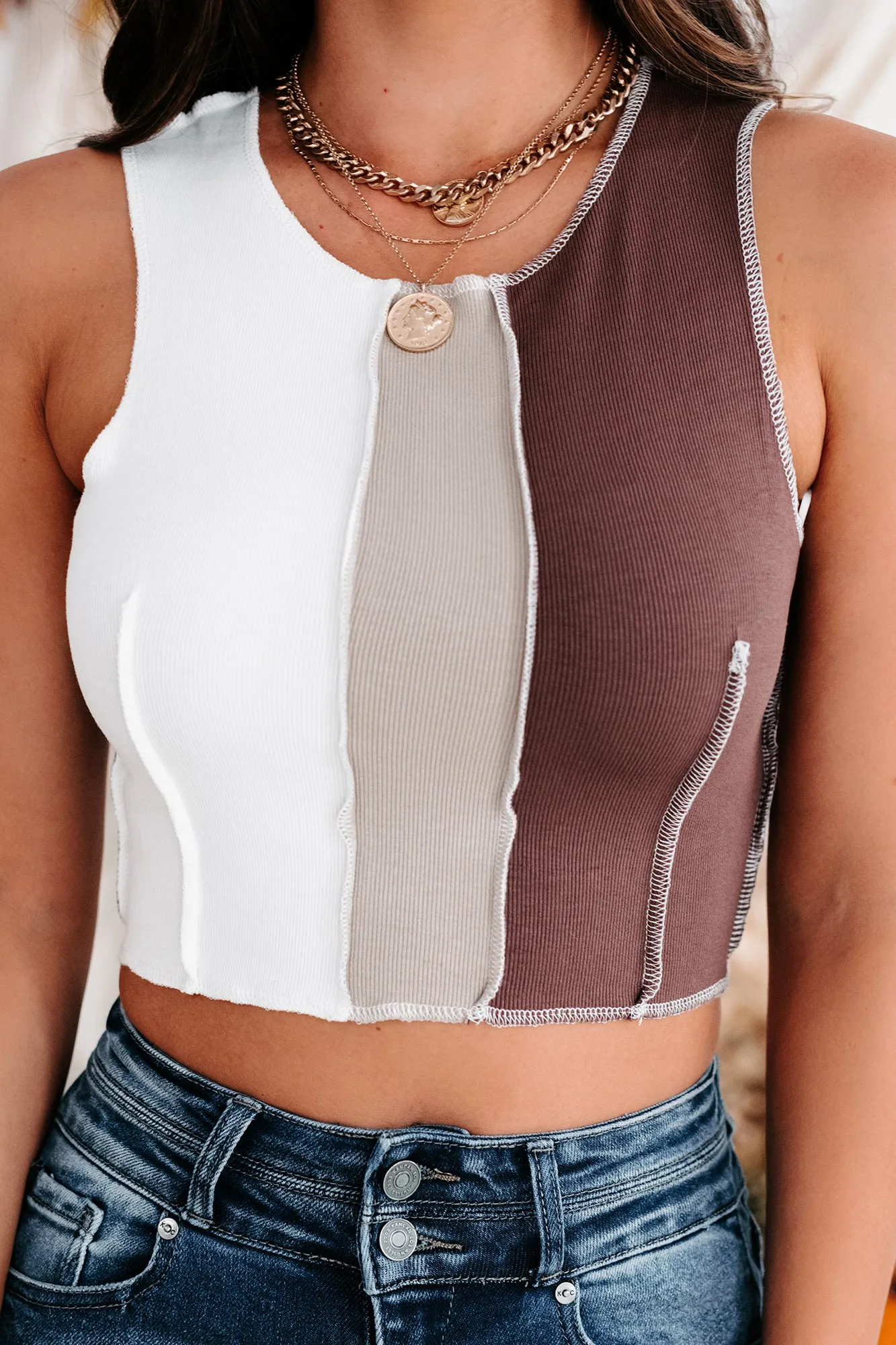 Can You Imagine Color Block Crop Tank Top (Choco)