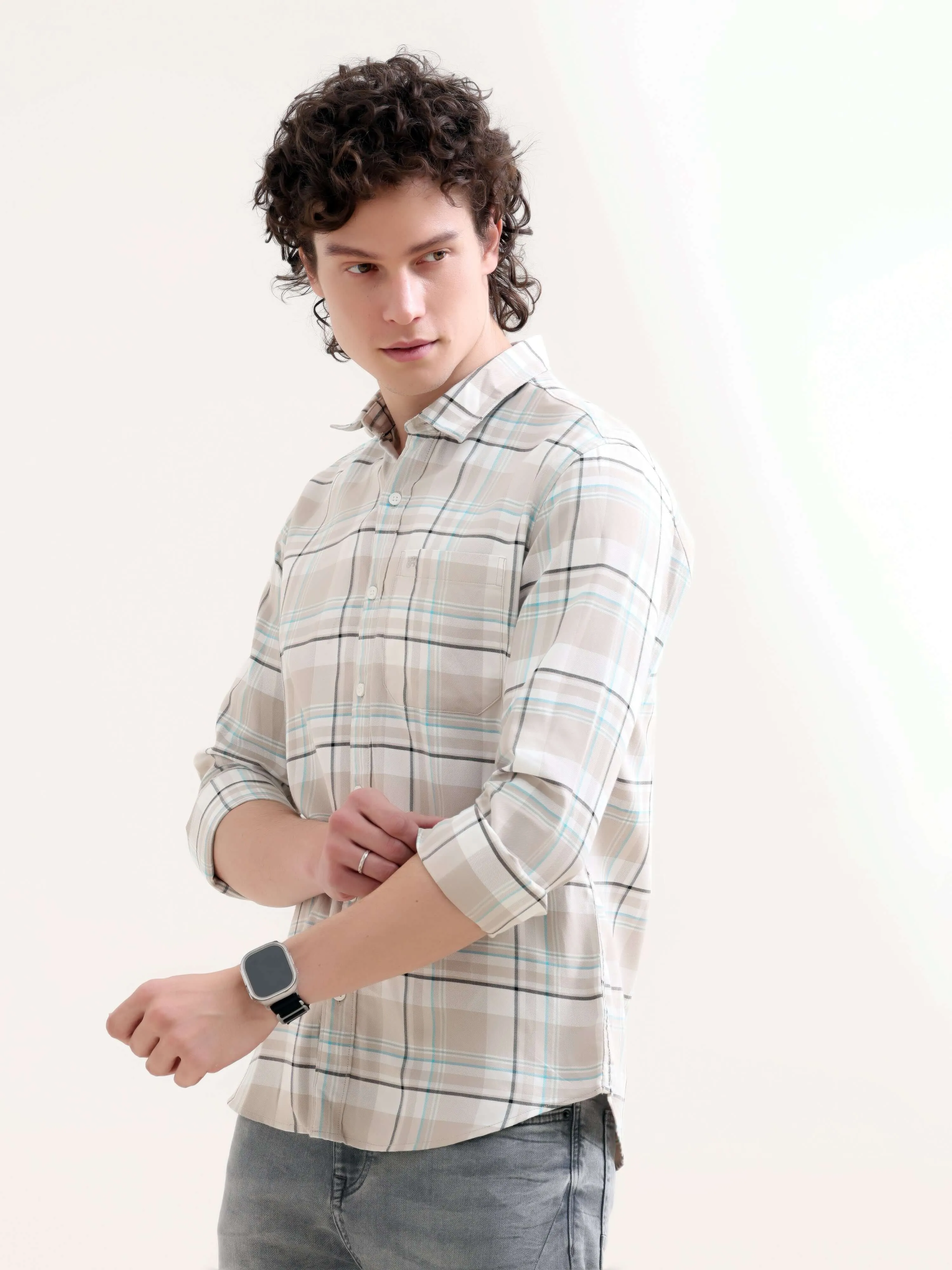 Cavours beige yarn dyed check shirt