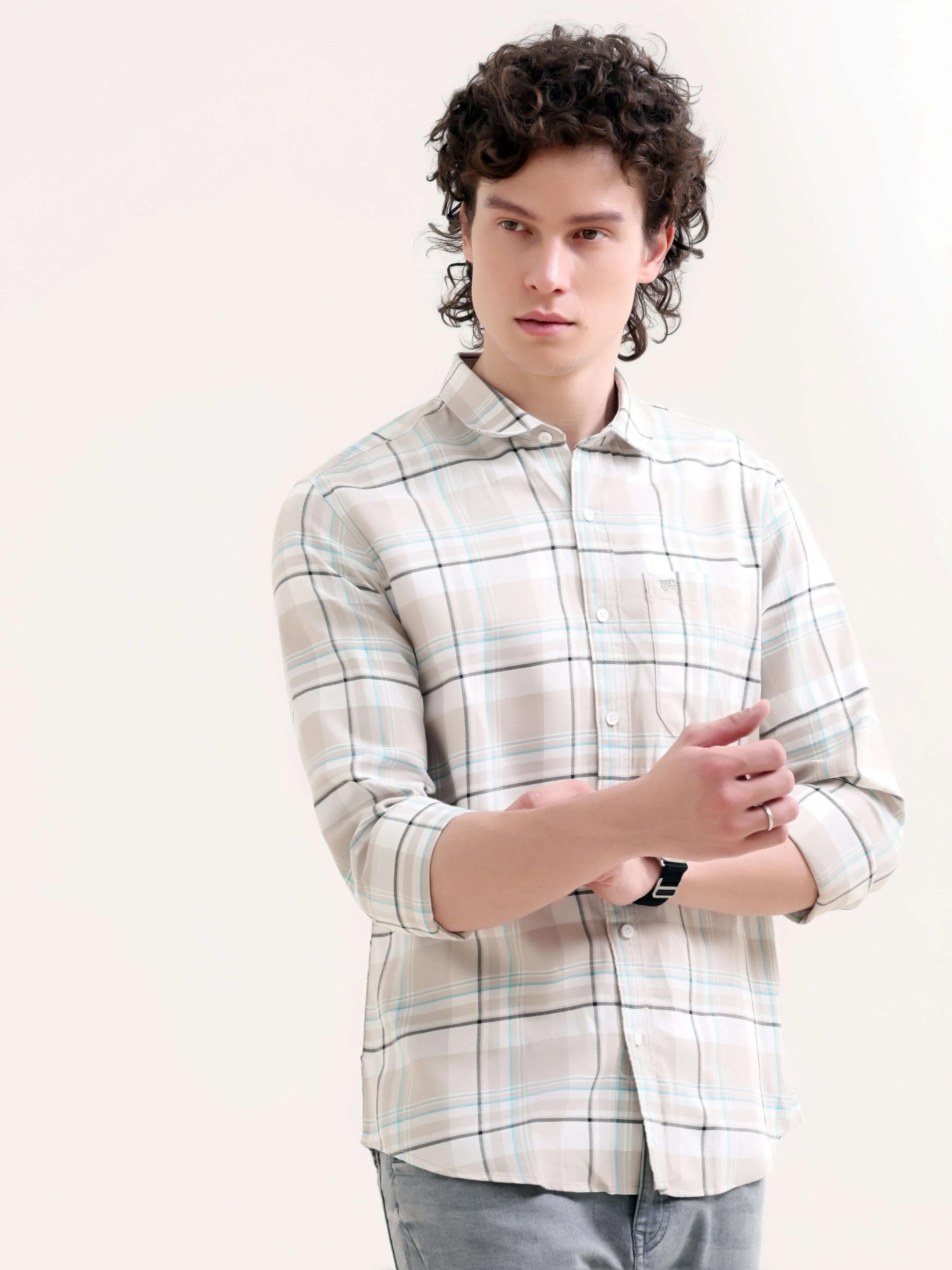 Cavours beige yarn dyed check shirt