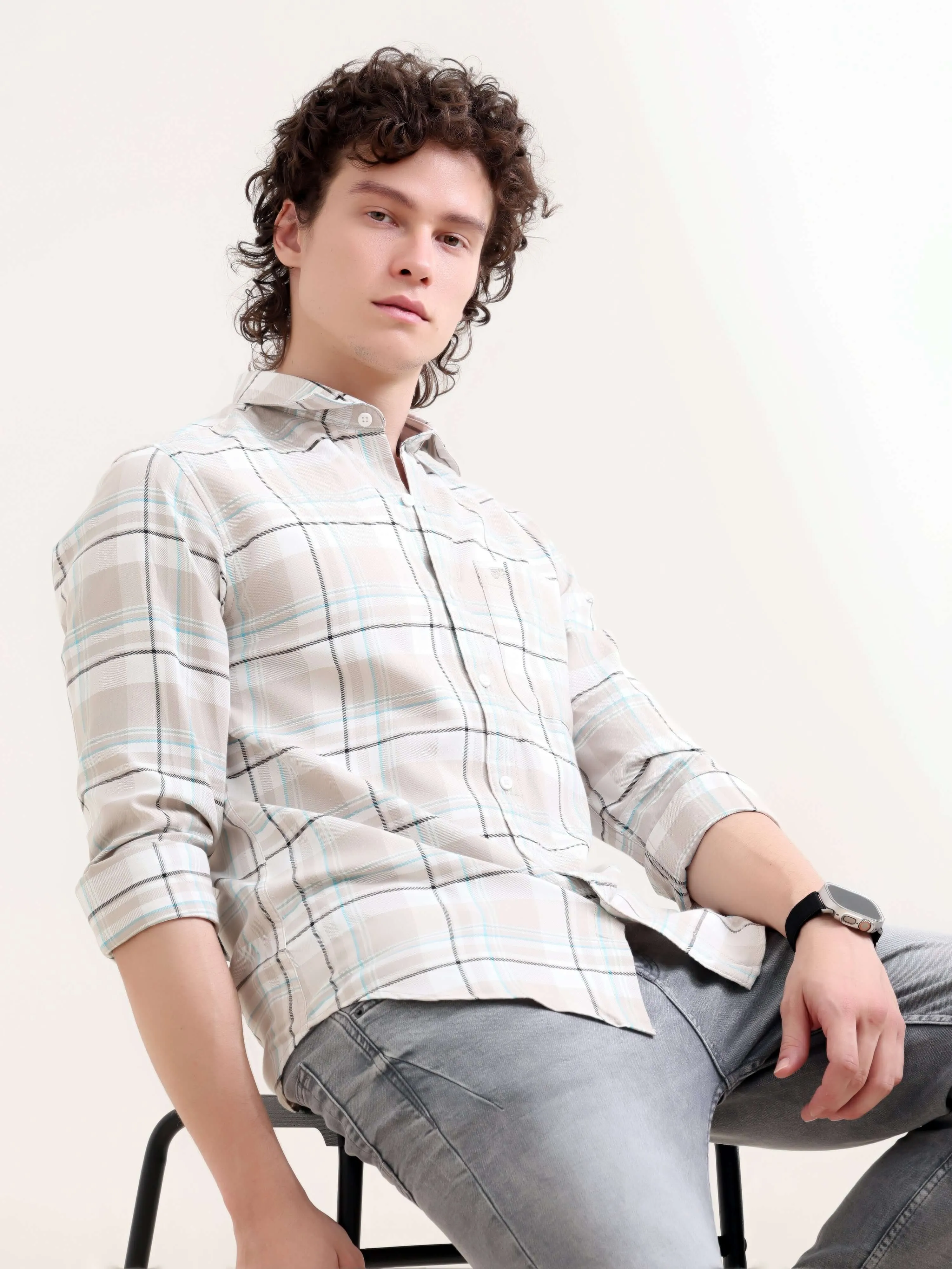 Cavours beige yarn dyed check shirt