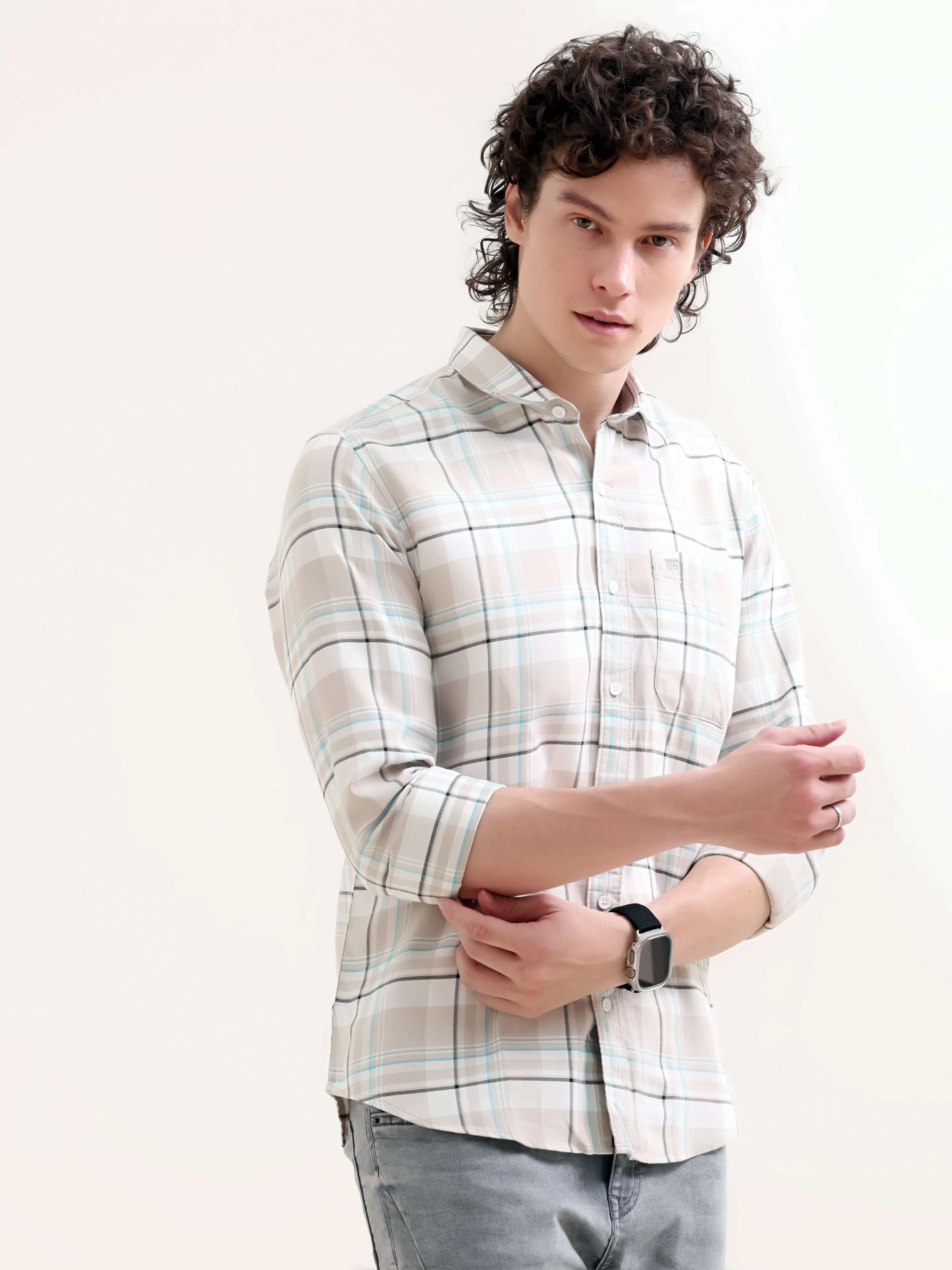 Cavours beige yarn dyed check shirt