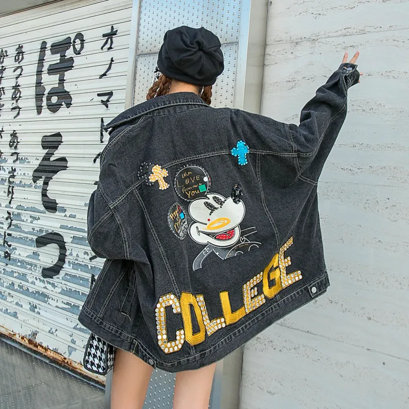 Comic Denim Jacket Cartoon Sequins Embroidered Loose-Fitting Jacket Top