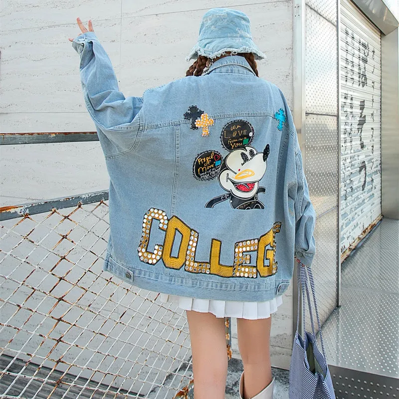 Comic Denim Jacket Cartoon Sequins Embroidered Loose-Fitting Jacket Top