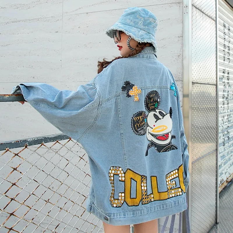 Comic Denim Jacket Cartoon Sequins Embroidered Loose-Fitting Jacket Top