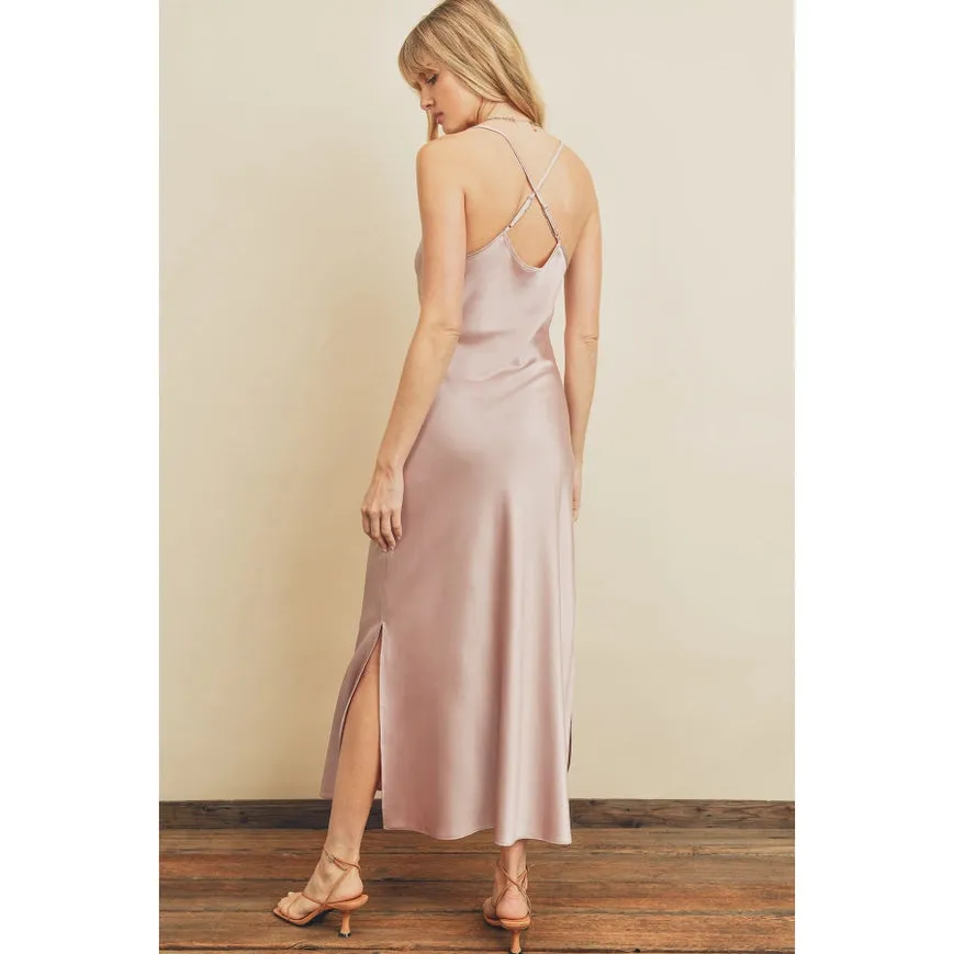 Cross Back Cowl-Neck Dress Champagne Rose