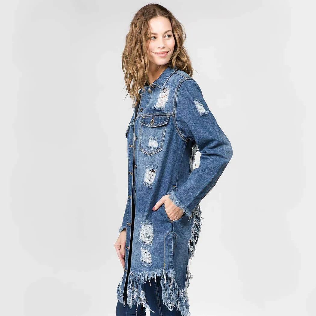 DISTRESSED DENIM LONG JACKET -