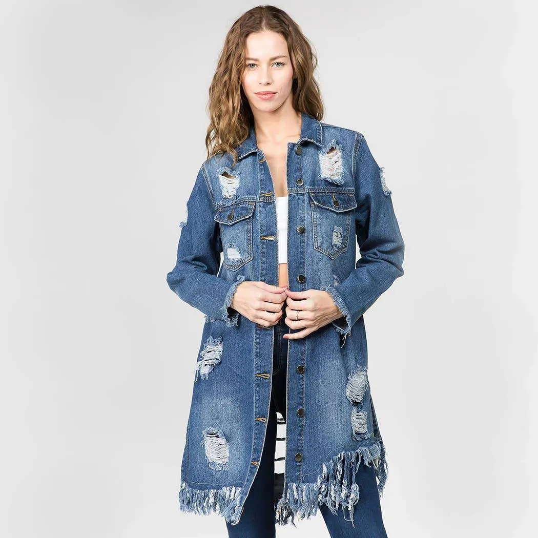 DISTRESSED DENIM LONG JACKET -