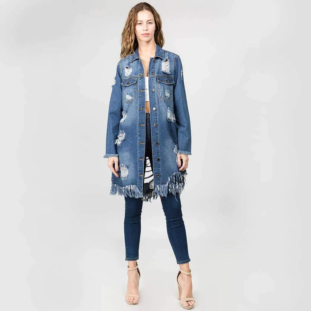 DISTRESSED DENIM LONG JACKET -