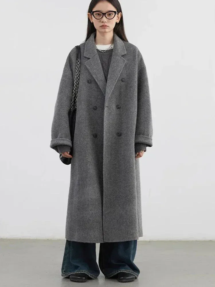 Double breasted oversized chic long wool trench coat