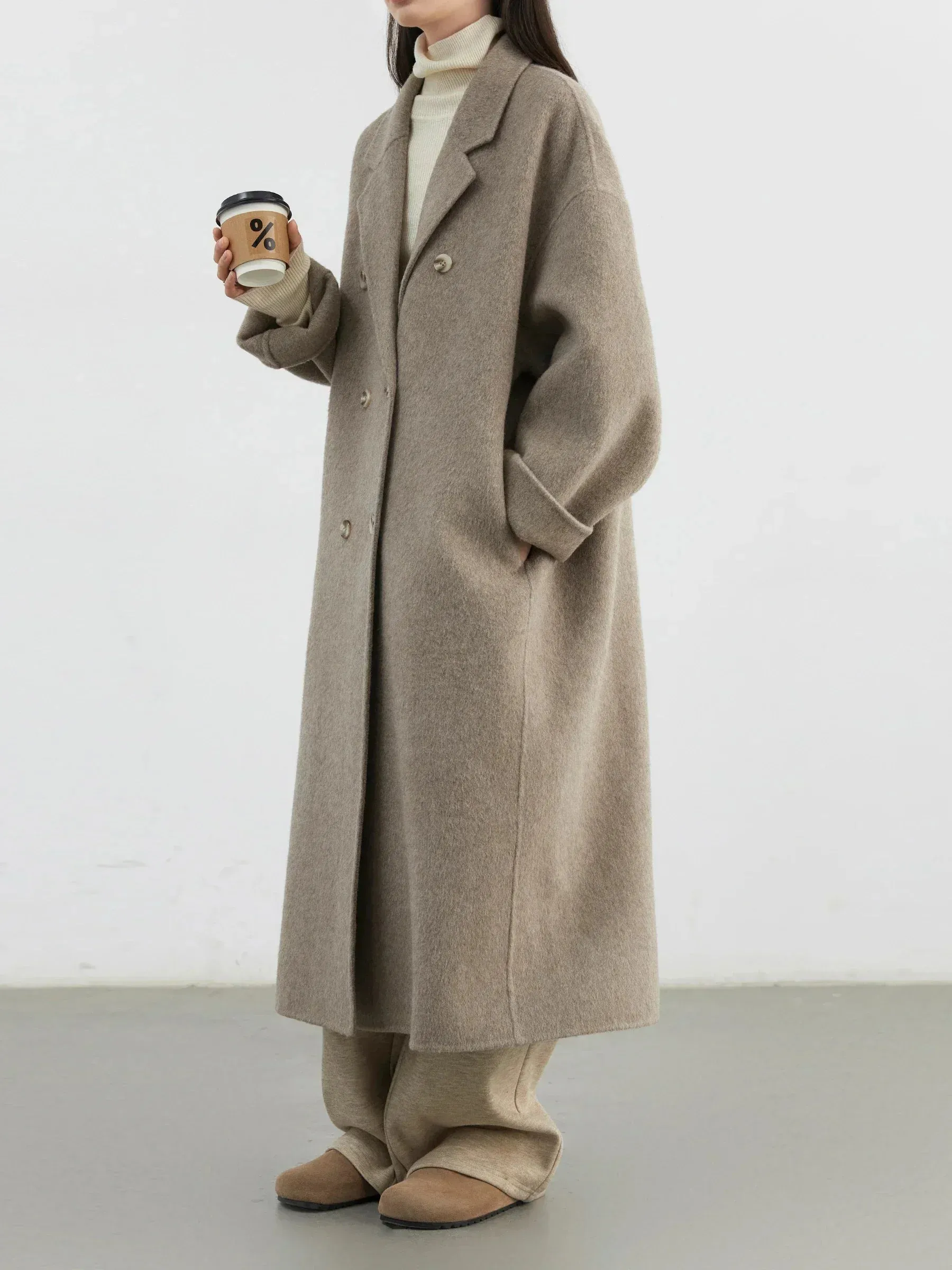 Double breasted oversized chic long wool trench coat