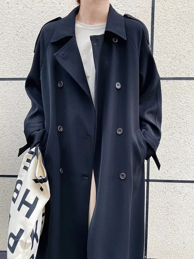 Draping British Loose Mid-Length Over The Knee Trench Coat Black