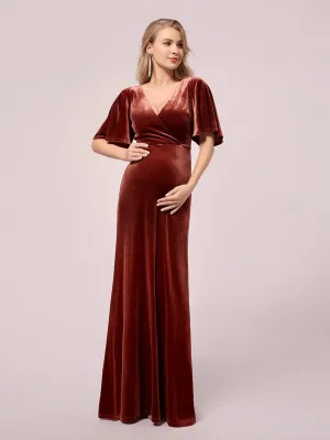 Elegant Double V Neck Velvet Maternity Dresses