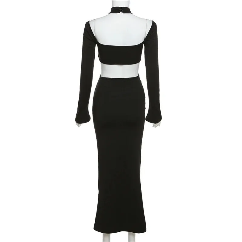 Elegant Long Sleeve Jersey Cutout Maxi Dress