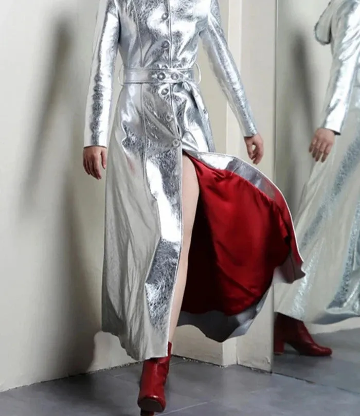 Elegant Silver Metallic Long Trench Coat