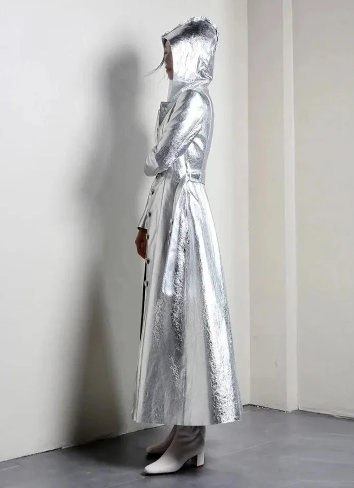 Elegant Silver Metallic Long Trench Coat