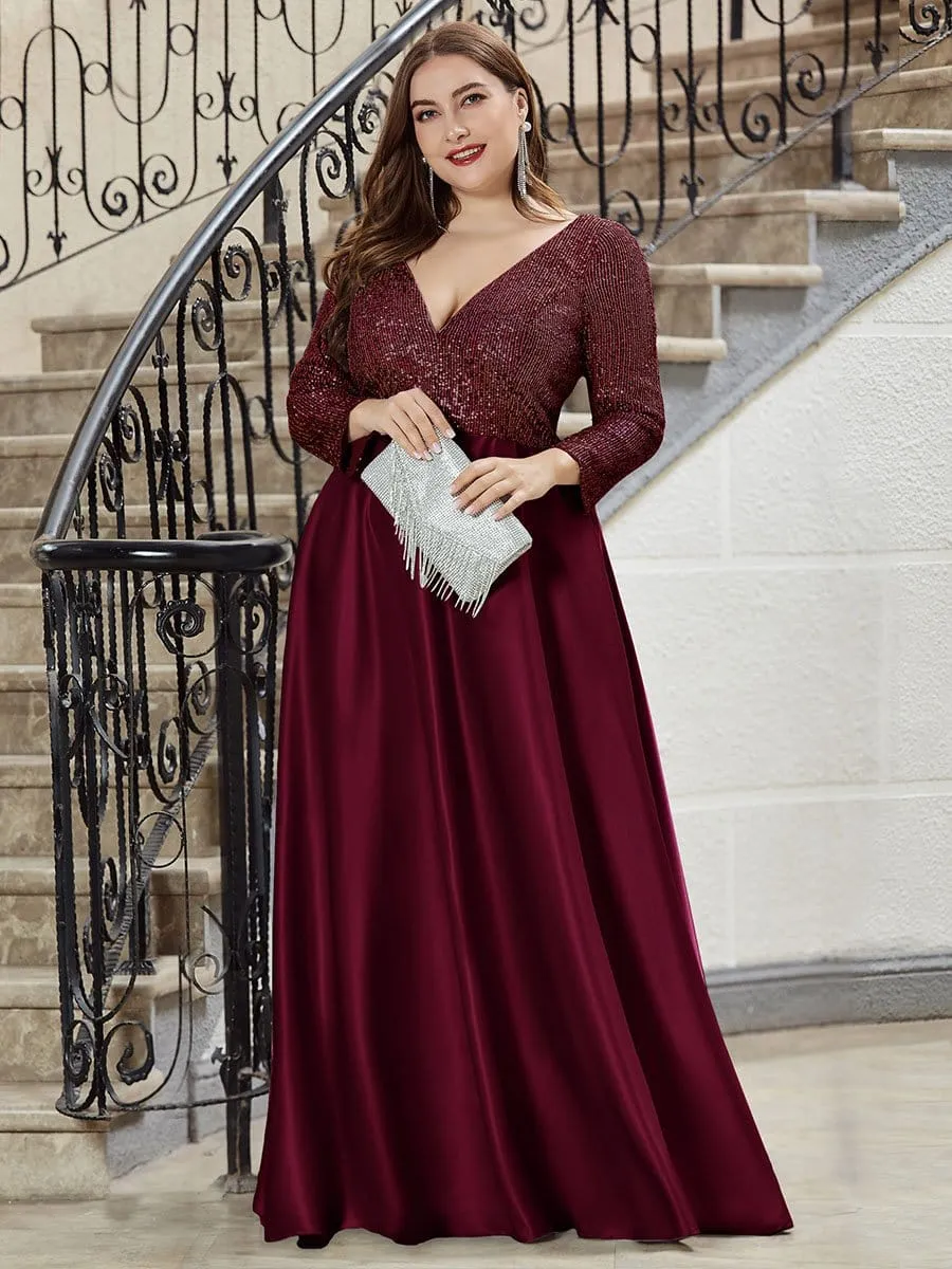 Elegant V-Neck Sequin Print Plus Size Evening Gowns for Women