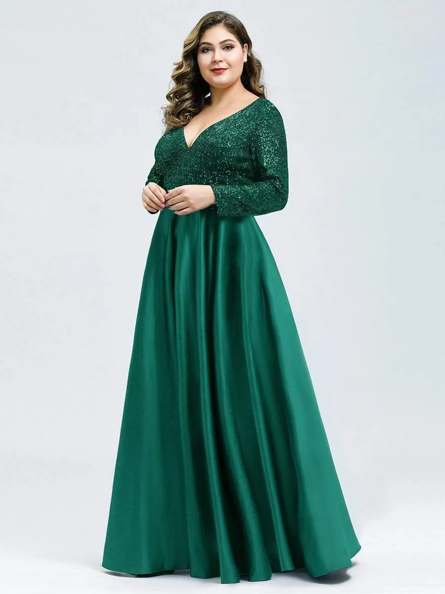 Elegant V-Neck Sequin Print Plus Size Evening Gowns for Women