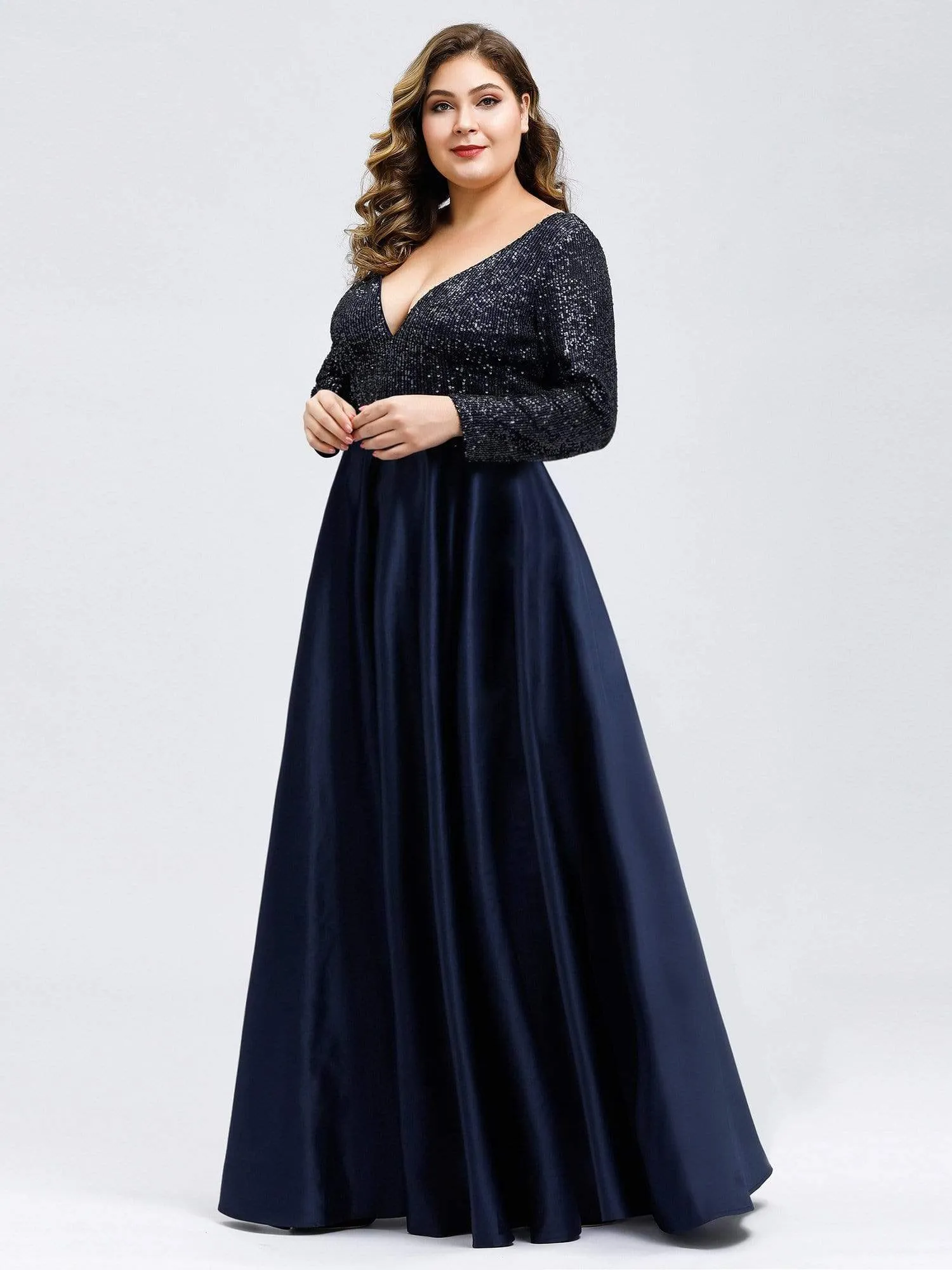 Elegant V-Neck Sequin Print Plus Size Evening Gowns for Women