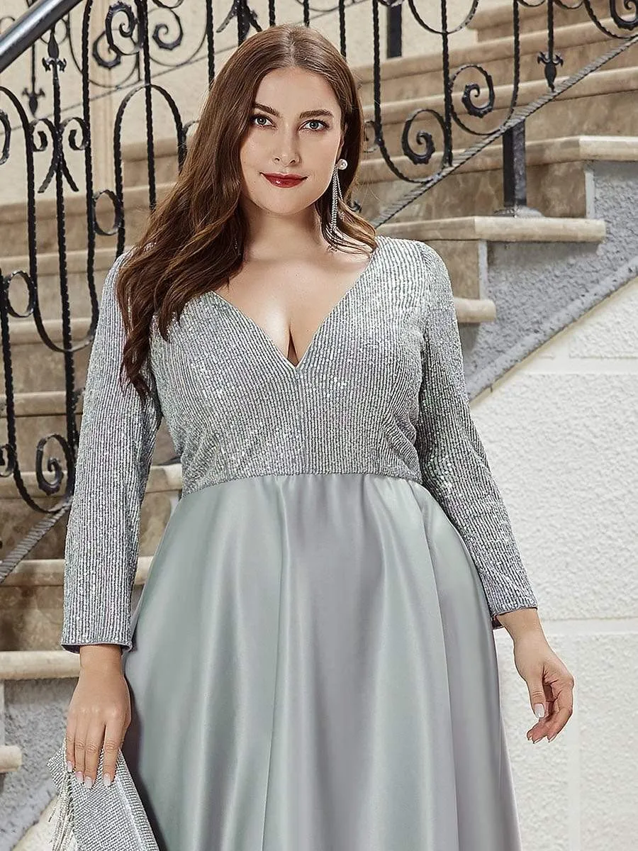 Elegant V-Neck Sequin Print Plus Size Evening Gowns for Women