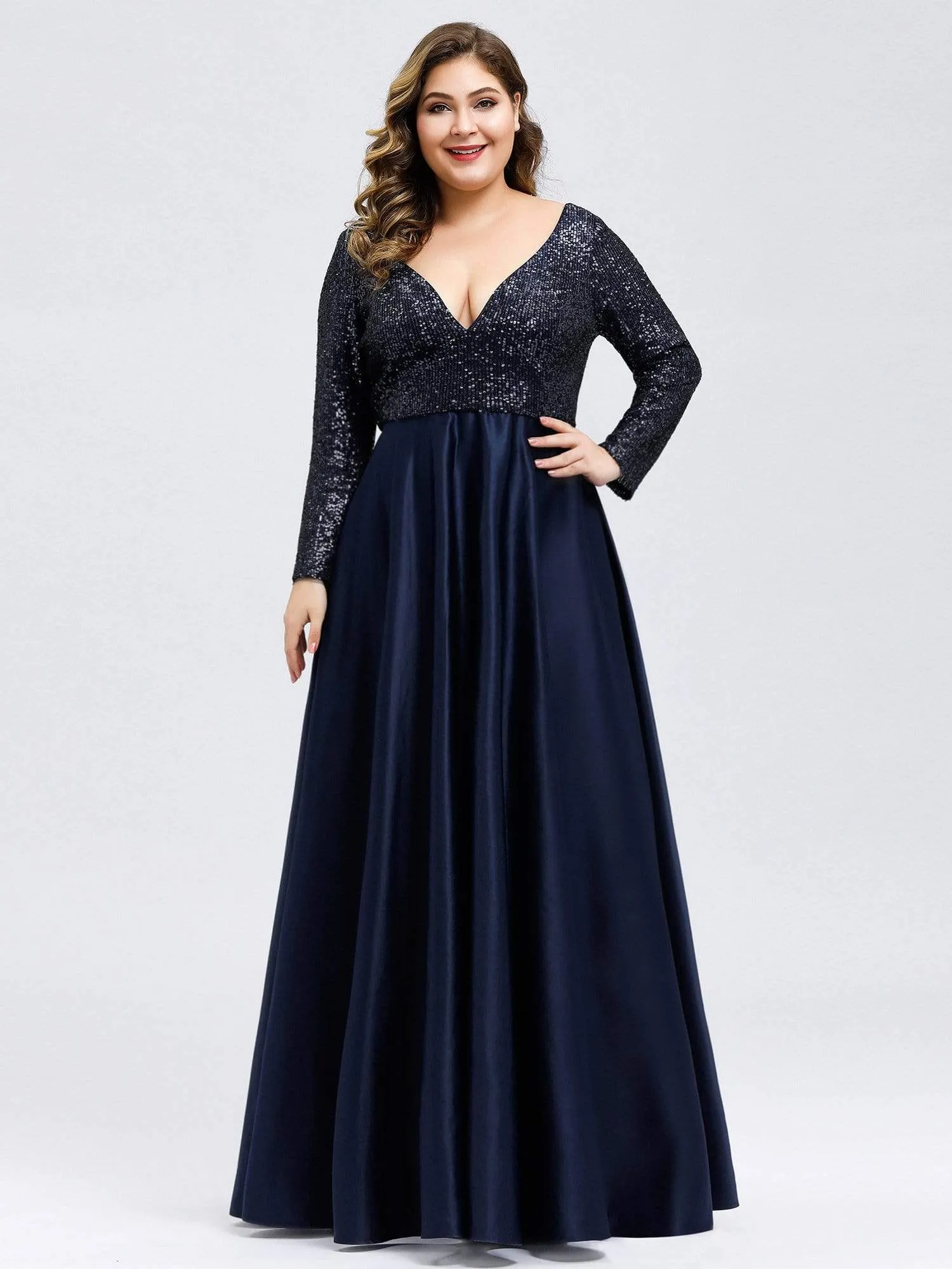 Elegant V-Neck Sequin Print Plus Size Evening Gowns for Women