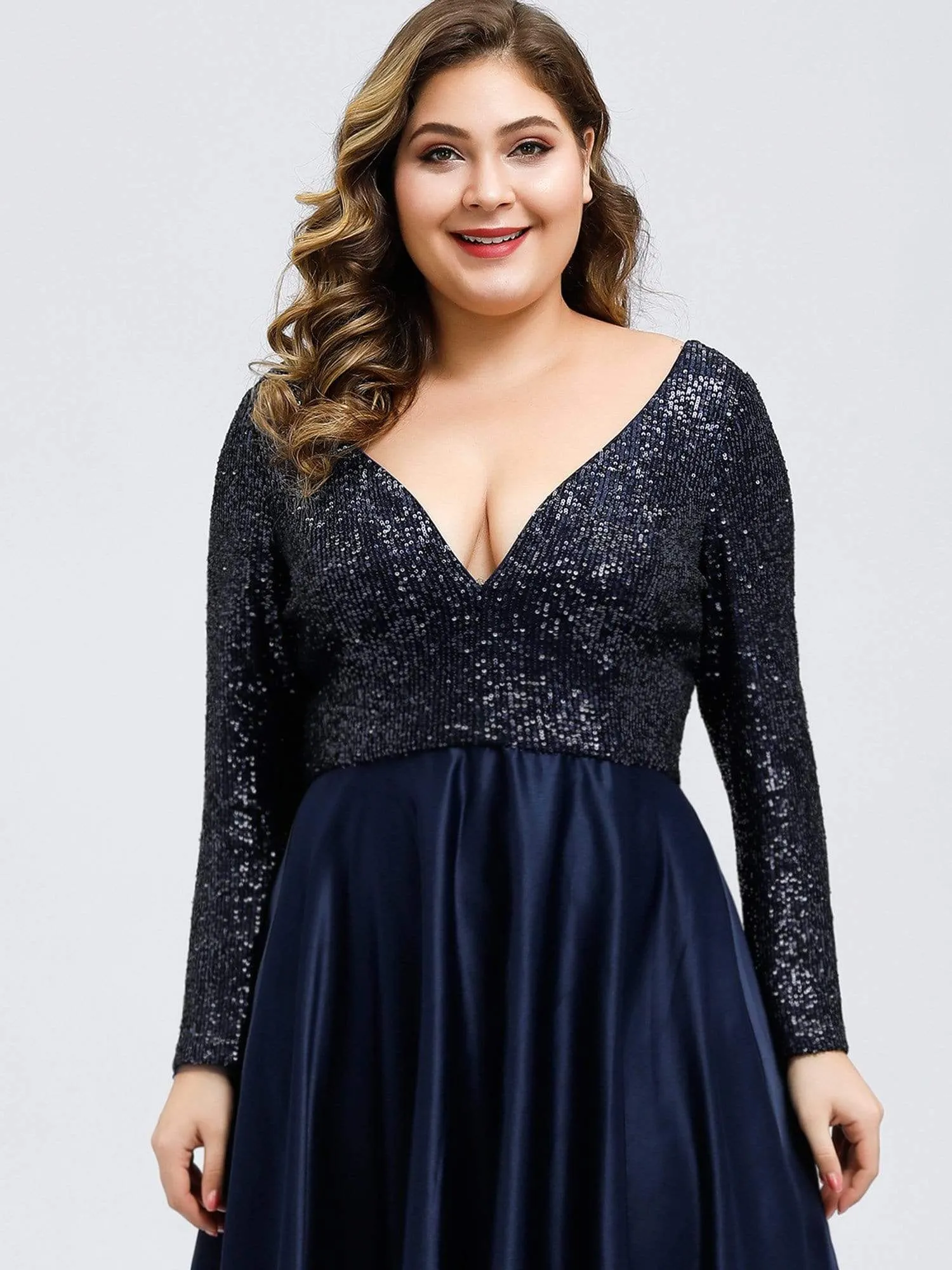 Elegant V-Neck Sequin Print Plus Size Evening Gowns for Women