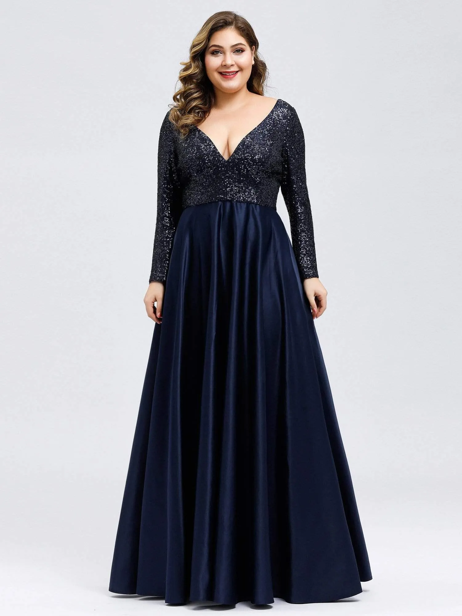 Elegant V-Neck Sequin Print Plus Size Evening Gowns for Women