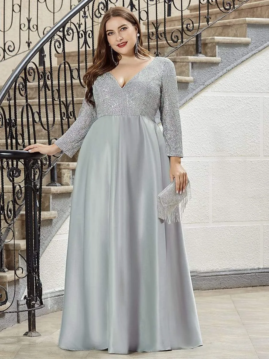 Elegant V-Neck Sequin Print Plus Size Evening Gowns for Women