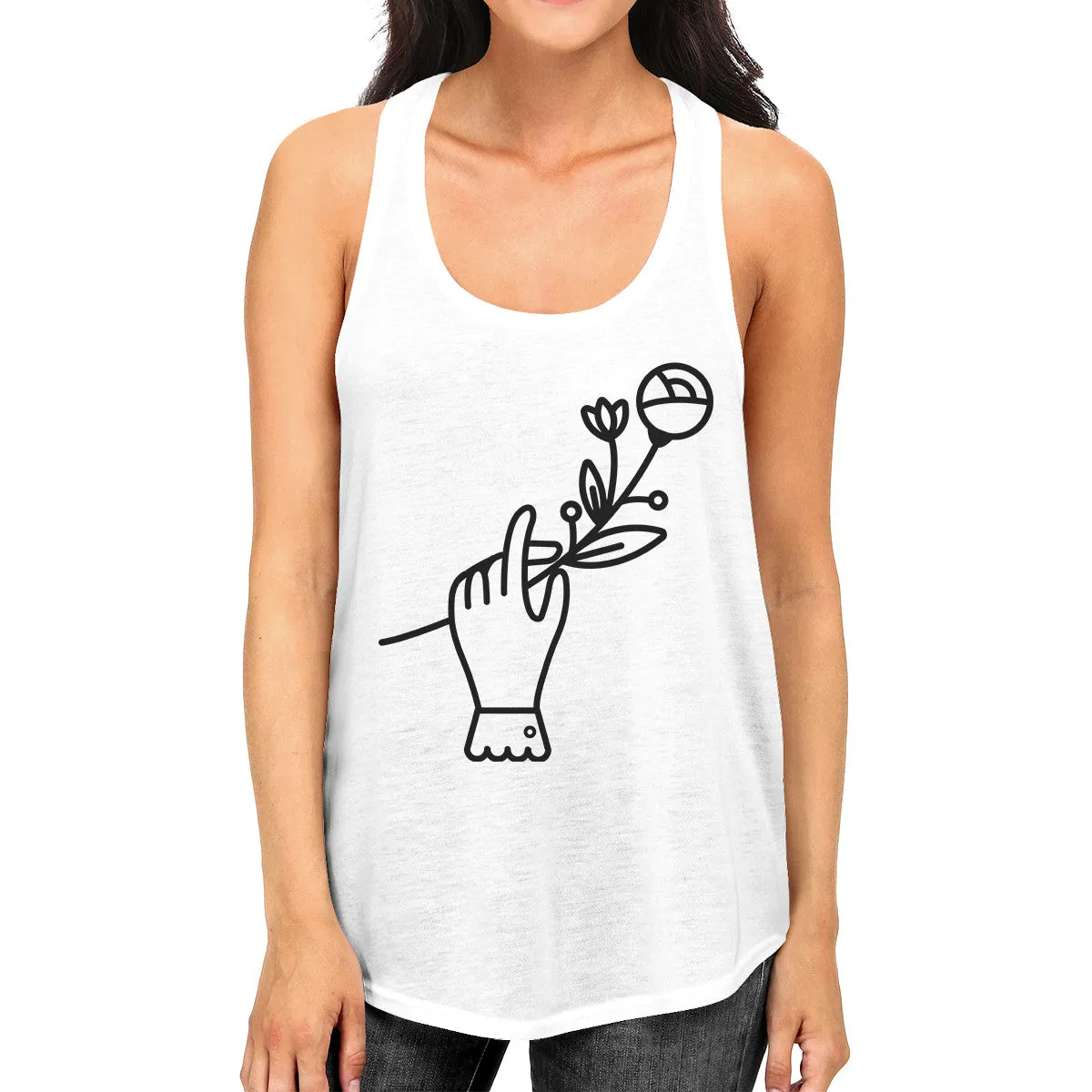 Hand Holding Flower White Racerback Unique Design Tank Top For Her